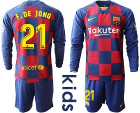 Wholesale Cheap Barcelona #21 F.De Jong Home Long Sleeves Kid Soccer Club Jersey