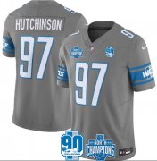 Cheap Men's Detroit Lions #97 Aidan Hutchinson Gray 2023 90th Anniversary North Division Champions Patch Limited Stitched Jersey