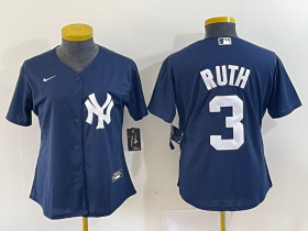 Wholesale Cheap Women\'s New York Yankees #3 Babe Ruth Navy Blue Stitched Nike Cool Base Jersey