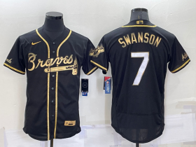 Wholesale Men\'s Atlanta Braves #7 Dansby Swanson Black Gold Stitched MLB Flex Base Nike Jersey