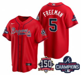 Wholesale Cheap Men\'s Red Atlanta Braves #5 Freddie Freeman 2021 World Series Champions With 150th Anniversary Patch Cool Base Stitched Jersey