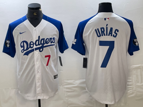 Cheap Men\'s Los Angeles Dodgers #7 Julio Urias Number White Blue Fashion Stitched Cool Base Limited Jersey