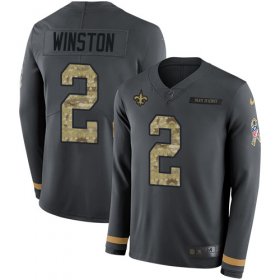 Wholesale Cheap Nike Saints #2 Jameis Winston Anthracite Salute to Service Youth Stitched NFL Limited Therma Long Sleeve Jersey