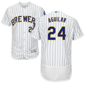 Wholesale Cheap Brewers #24 Jesus Aguilar White Strip Flexbase Authentic Collection Stitched MLB Jersey