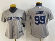 Cheap Women's New York Yankees #99 Aaron Judge Name 2021 Grey Field of Dreams Cool Base Stitched Jersey