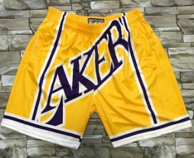 Wholesale Cheap Men\'s Los Angeles Lakers Yellow Big Face Mitchell Ness Hardwood Classics Soul Swingman Throwback Shorts