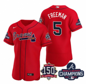 Wholesale Cheap Men\'s Red Atlanta Braves #5 Freddie Freeman 2021 World Series Champions With 150th Anniversary Flex Base Stitched Jersey