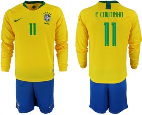 Wholesale Cheap Brazil #11 P.Coutinho Home Long Sleeves Soccer Country Jersey