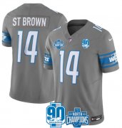 Cheap Men's Detroit Lions #14 Amon-Ra St. Brown Gray 2023 90th Anniversary North Division Champions Patch Limited Stitched Jersey