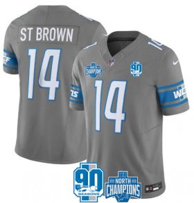 Cheap Men\'s Detroit Lions #14 Amon-Ra St. Brown Gray 2023 90th Anniversary North Division Champions Patch Limited Stitched Jersey