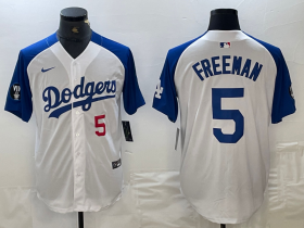 Cheap Men\'s Los Angeles Dodgers #5 Freddie Freeman Number White Blue Fashion Stitched Cool Base Limited Jerseys