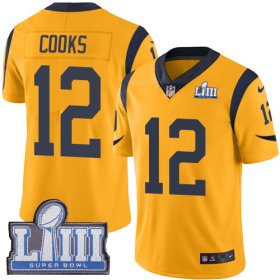 Wholesale Cheap Nike Rams #12 Brandin Cooks Gold Super Bowl LIII Bound Men\'s Stitched NFL Limited Rush Jersey