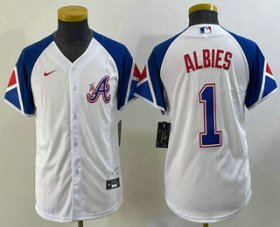 Wholesale Cheap Youth Atlanta Braves #1 Ozzie Albies White 2023 City Connect Cool Base Stitched Jersey