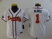 Wholesale Cheap Youth Atlanta Braves #1 Ozzie Albies 2022 White Gold World Series Champions Program Cool Base Stitched Baseball Jersey