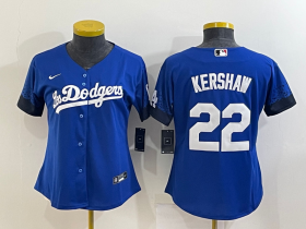 Wholesale Cheap Women\'s Los Angeles Dodgers #22 Clayton Kershaw Blue 2021 City Connect Cool Base Stitched Jersey