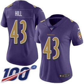 Wholesale Cheap Nike Ravens #43 Justice Hill Purple Women\'s Stitched NFL Limited Rush 100th Season Jersey