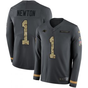 Wholesale Cheap Nike Panthers #1 Cam Newton Anthracite Salute to Service Youth Stitched NFL Limited Therma Long Sleeve Jersey