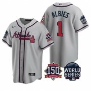 Wholesale Cheap Men Atlanta Braves 1 Ozzie Albies 2021 Gray World Series With 150th Anniversary Patch Cool Base Stitched Jersey