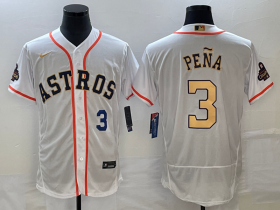 Wholesale Cheap Men\'s Houston Astros #3 Jeremy Pena Number 2023 White Gold World Serise Champions Patch Flex Base Stitched Jersey