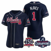 Wholesale Cheap Men's Navy Atlanta Braves #1 Ozzie Albies 2021 World Series Champions With 150th Anniversary Flex Base Stitched Jersey