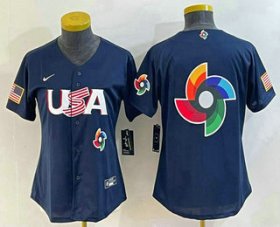 Cheap Women\'s USA Baseball 2023 Navy Big Logo With Patch World Classic Stitched Jersey
