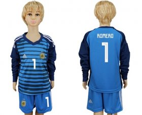 Wholesale Cheap Argentina #1 Romero Blue Long Sleeves Goalkeeper Kid Soccer Country Jersey