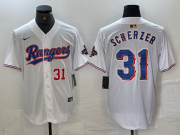 Cheap Men's Texas Rangers #31 Max Scherzer Number White 2023 World Series Champions Cool Base Jersey