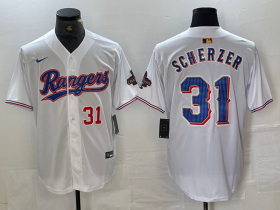 Cheap Men\'s Texas Rangers #31 Max Scherzer Number White 2023 World Series Champions Cool Base Jersey