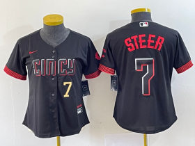 Wholesale Cheap Women\'s Cincinnati Reds #7 Spencer Steer Numer Black 2023 City Connect Cool Base Stitched Baseball Jersey