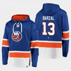 Wholesale Cheap Men\'s New York Islanders #13 Mathew Barzal Royal Ageless Must-Have Lace-Up Pullover Hoodie