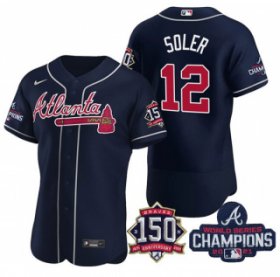 Wholesale Cheap Men\'s Navy Atlanta Braves #12 Jorge Soler 2021 World Series Champions With 150th Anniversary Flex Base Stitched Jersey