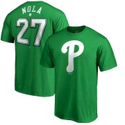 Wholesale Cheap Philadelphia Phillies #27 Aaron Nola Majestic St. Patrick's Day Stack Player Name & Number T-Shirt Kelly Green