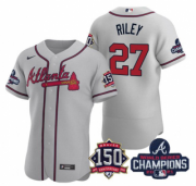 Wholesale Cheap Men's Grey Atlanta Braves #27 Austin Riley Swanson 2021 World Series Champions With 150th Anniversary Flex Base Stitched Jersey