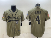 Wholesale Cheap Men's Las Vegas Raiders #4 Derek Carr 2022 Olive Salute to Service Cool Base Stitched Baseball Jersey