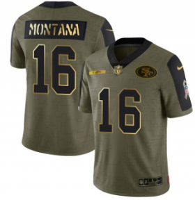 Wholesale Cheap Men\'s Olive San Francisco 49ers #16 Joe Montana 2021 Camo Salute To Service Golden Limited Stitched Jersey