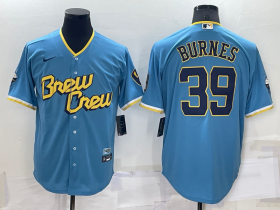 Wholesale Cheap Men\'s Milwaukee Brewers #39 Corbin Burnes Blue 2022 City Connect Cool Base Stitched Jersey