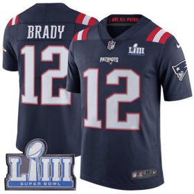 Wholesale Cheap Nike Patriots #12 Tom Brady Navy Blue Super Bowl LIII Bound Men\'s Stitched NFL Limited Rush Jersey