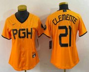 Wholesale Cheap Women's Pittsburgh Pirates #21 Roberto Clemente Yellow 2023 City Connect Stitched Jersey