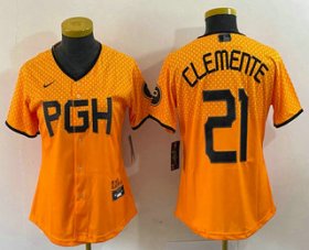 Wholesale Cheap Women\'s Pittsburgh Pirates #21 Roberto Clemente Yellow 2023 City Connect Stitched Jersey
