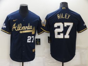 Wholesale Cheap Men\'s Atlanta Braves #27 Austin Riley 2022 Navy Blue 2021 World Series Champions Golden Edition Stitched Cool Base Nike Jersey