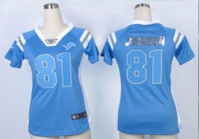 Wholesale Cheap Nike Lions #81 Calvin Johnson Light Blue Team Color Women\'s Stitched NFL Elite Draft Him Shimmer Jersey