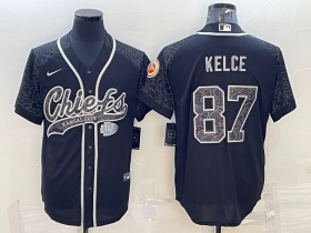 Wholesale Cheap Men\'s Kansas City Chiefs #87 Travis Kelce Black Reflective With Patch Cool Base Stitched Baseball Jersey