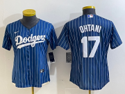 Cheap Women's Los Angeles Dodgers #17 Shohei Ohtani Red Navy Blue Pinstripe Stitched Cool Base Nike Jersey1