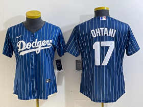 Cheap Women\'s Los Angeles Dodgers #17 Shohei Ohtani Red Navy Blue Pinstripe Stitched Cool Base Nike Jersey1