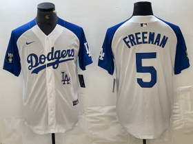 Cheap Men\'s Los Angeles Dodgers #5 Freddie Freeman White Blue Fashion Stitched Cool Base Limited Jersey
