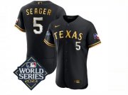 Men's Texas Rangers #5 Corey Seager Black Gold 2023 World Series Flex Base Stitched Baseball Jersey