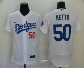 Wholesale Cheap Men\'s Los Angeles Dodgers #50 Mookie Betts White Stitched MLB Flex Base Nike Jersey