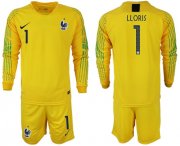 Wholesale Cheap France #1 Lloris Yellow Goalkeeper Long Sleeves Soccer Country Jersey