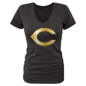 Wholesale Cheap Women\'s Cincinnati Reds Fanatics Apparel Gold Collection V-Neck Tri-Blend T-Shirt Black