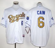 Wholesale Cheap Royals #6 Lorenzo Cain White 2015 World Series Champions Gold Program Stitched MLB Jersey